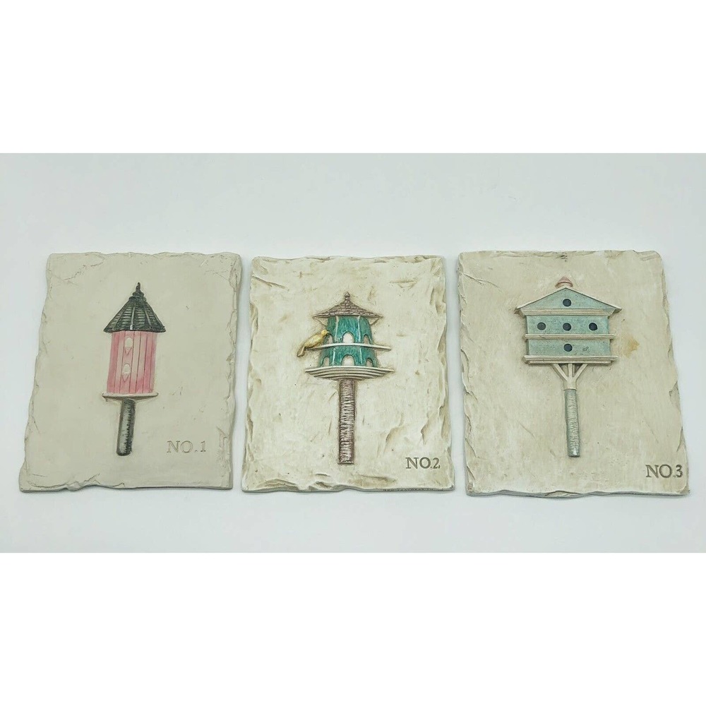 Hen Feathers 3-D Bird Houses 6x5” Cast Resin Plaques -Set Of 3- Wall Decor A1